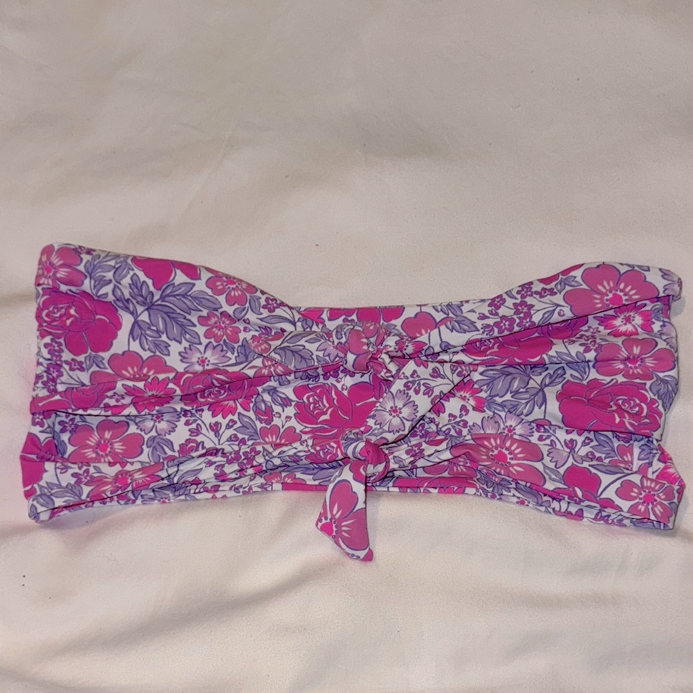Beach Bunny Bandeau Bikini Pink Floral Swim Top, Adjustable Tie Straps, NWT, S